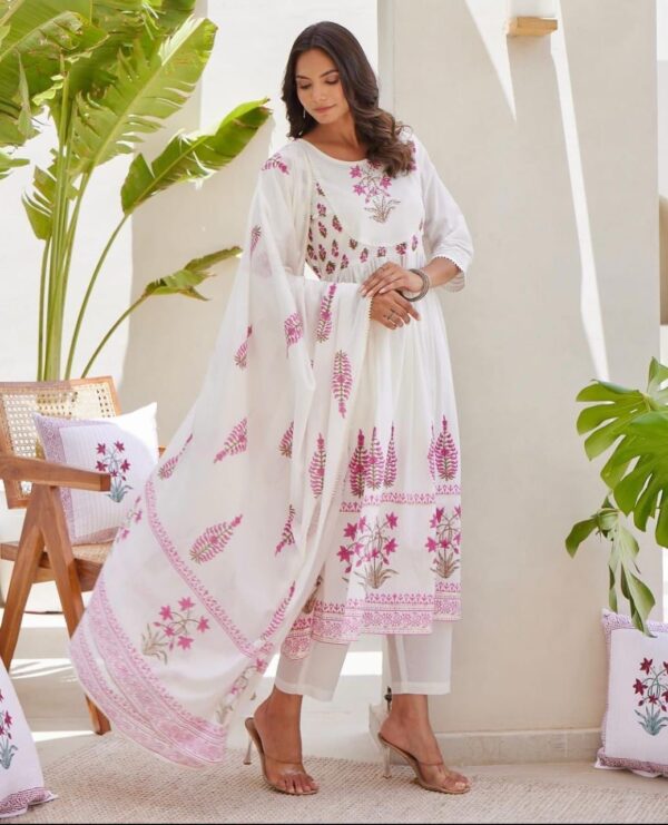 Pure Cotton Full Ghera Kurti Set with Pant and Dupatta - Image 3