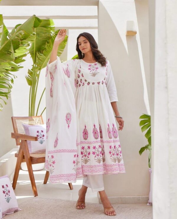 Pure Cotton Full Ghera Kurti Set with Pant and Dupatta - Image 2