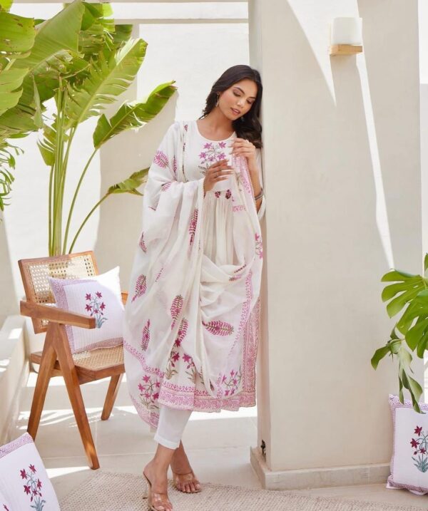 Pure Cotton Full Ghera Kurti Set with Pant and Dupatta - Image 4