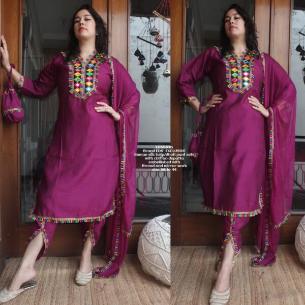 EDS® EXCLUSIVE Roman Silk Tulip/Dhoti Pant Set with Dupatta – Embroidered Thread & Mirror Work (Size 36–44) - Image 2