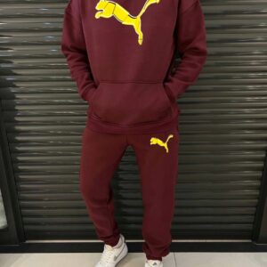 Premium PUMA Maroon Hoodie & Trackpant Set – Bold Yellow Logo, Cozy Fleece