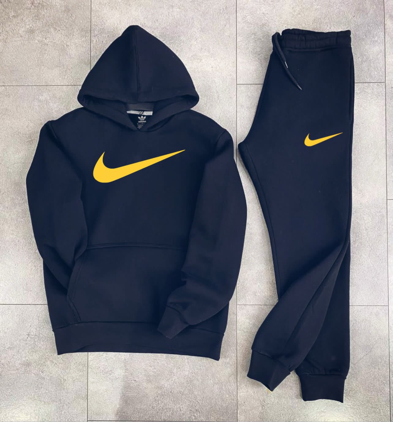 Nike Navy Blue Hoodie & Pants Set — Large Centered Yellow Swoosh Logo - Image 5