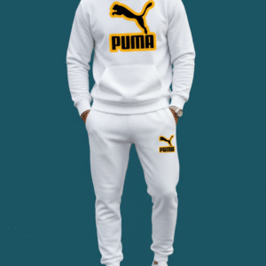 Premium White PUMA Hoodie & Trackpant Set – Iconic Black/Yellow Logo, Fleece Cotton