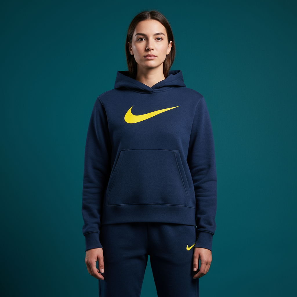 Nike Navy Blue Hoodie & Pants Set — Large Centered Yellow Swoosh Logo - Image 3