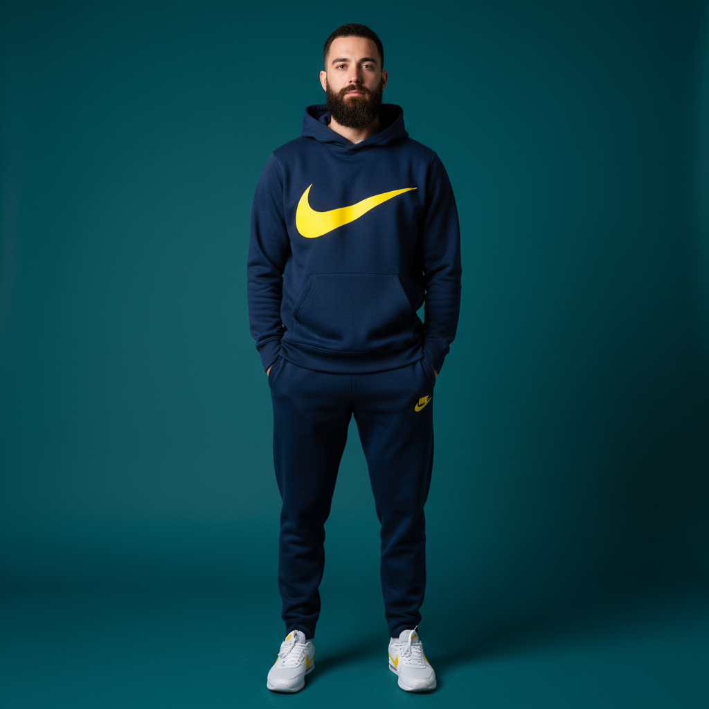 Nike Navy Blue Hoodie & Pants Set — Large Centered Yellow Swoosh Logo